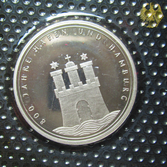 800 JAHRE HAFEN UND HAMBURG, Serie 10 DM Silbermünze Spiegelglanz, 1998
