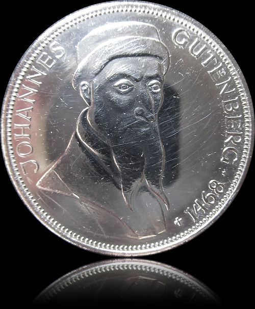 500TH ANNIVERSARY OF THE DEATH OF JOHANNES GUTENBERG, series 5 DM silver coin, 1968