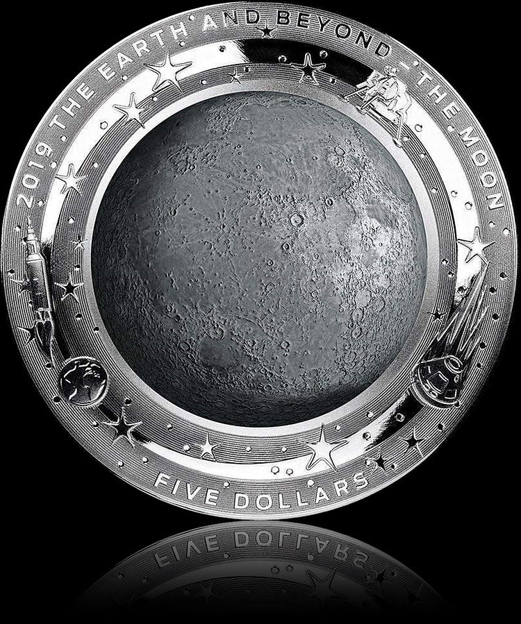 THE MOON, Earth and Beyond series, 1 oz Silver Proof Colored Domed $5, 2019