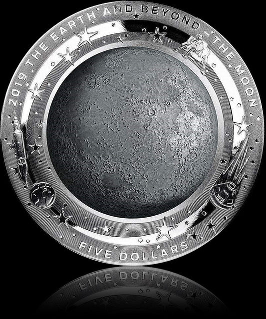 THE MOON, Serie Earth and Beyond, 1 oz Silver Proof Coloured Domed 5$, 2019