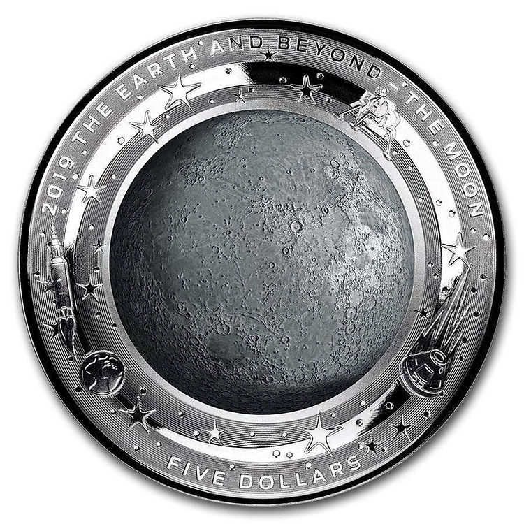 THE MOON, Serie Earth and Beyond, 1 oz Silver Proof Coloured Domed 5$, 2019