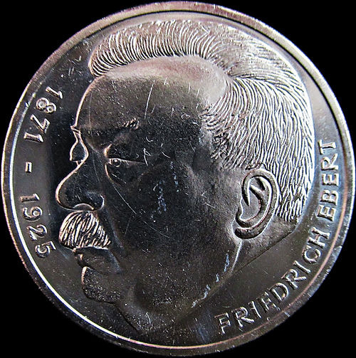 50TH ANNIVERSARY OF DEATH FRIEDRICH EBERT, series 5 DM silver coin, 1975