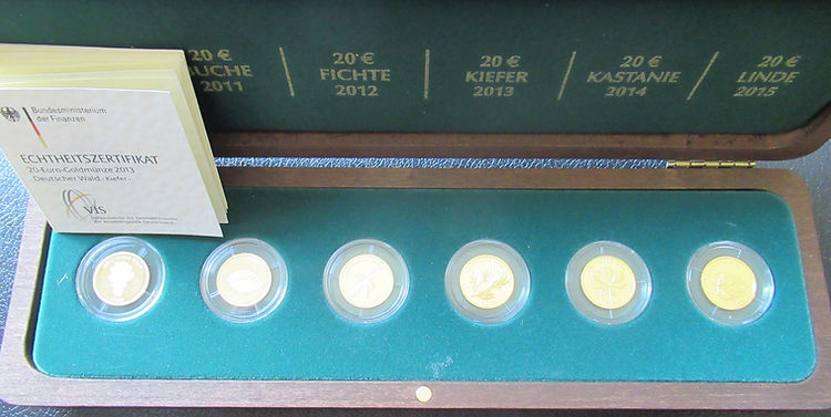 6 x 20 Euro Deutscher Wald, Serie Deutscher Wald, 6 x  1/8 oz Gold 20 Euro  -F, D, J, G-, 2010-2015