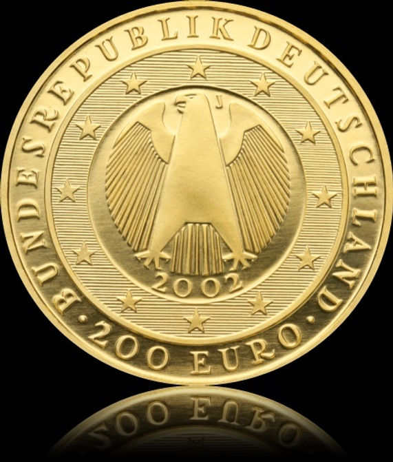 MONETARY UNION INTRODUCTION EURO, Gold Euro Germany series 1 oz gold 200 € -F, D, J, G-, 2002