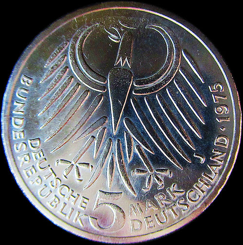 50TH ANNIVERSARY OF DEATH FRIEDRICH EBERT, series 5 DM silver coin, 1975