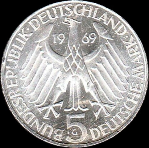 150TH BIRTHDAY OF THEODOR FONTANE, series 5 DM silver coin, 1969