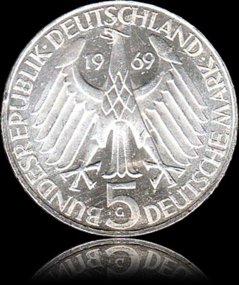 150TH BIRTHDAY OF THEODOR FONTANE, series 5 DM silver coin, 1969