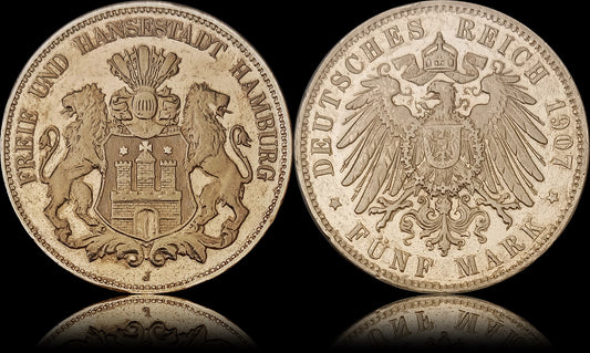 5 Mark Hamburg 1907 J Silber, Wappen mit Schildhaltern, Deutsches Kaiserreich, Jaeger-Nr. 65