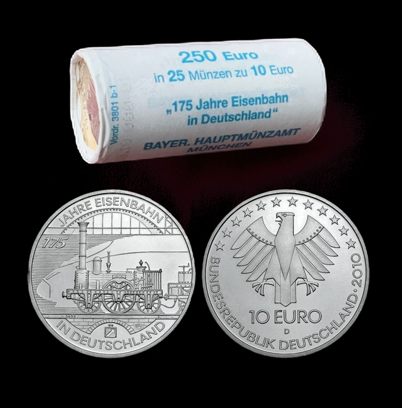 Rolle mit 25 x 175 JAHRE EISENBAHN IN DEUTSCHLAND, Serie 10 € Silber Gedenkmünzen Deutschland, Stempelglanz, 2010