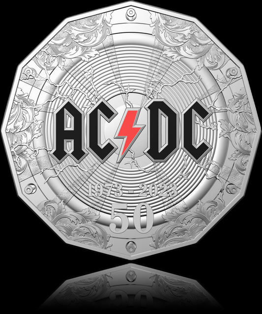 AC/DC, 50-jähriges Jubiläum,  0,5 oz Silver, Antique Cu/Ni, 2023