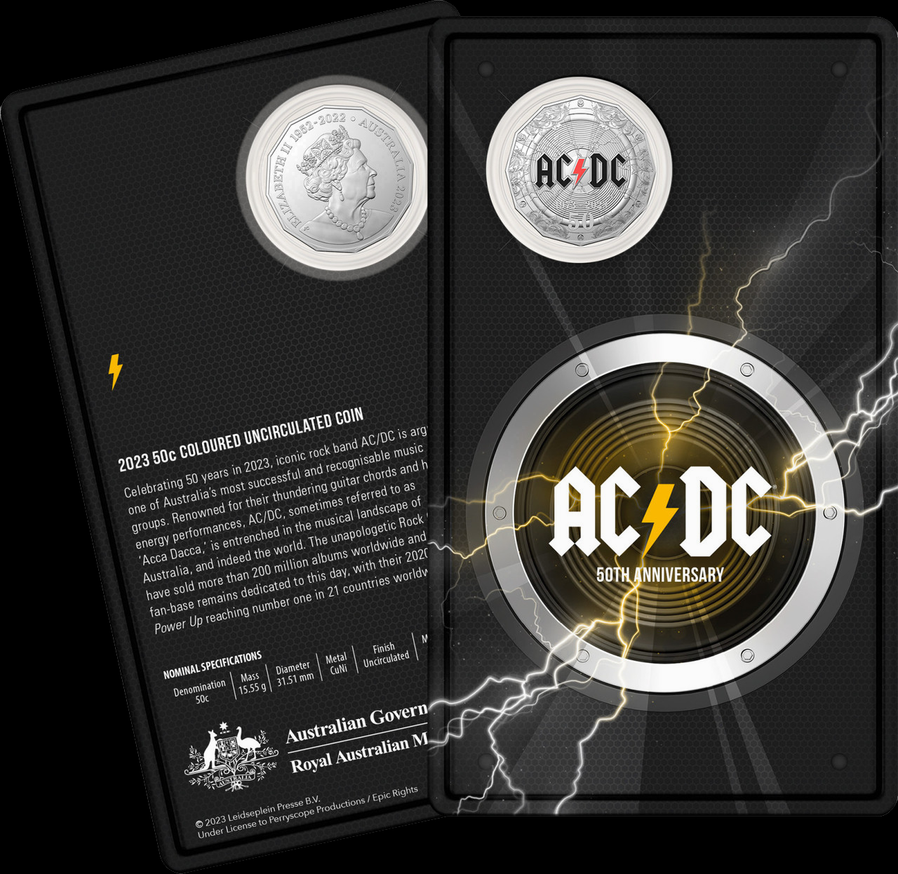 AC/DC, 50-jähriges Jubiläum,  0,5 oz Silver, Antique Cu/Ni, 2023