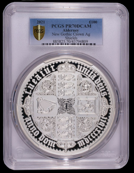 NEW GOTHIC CROWN SHIELD, Serie Great Engravers, 1 kg Silber 100£, Proof PF70, 2021