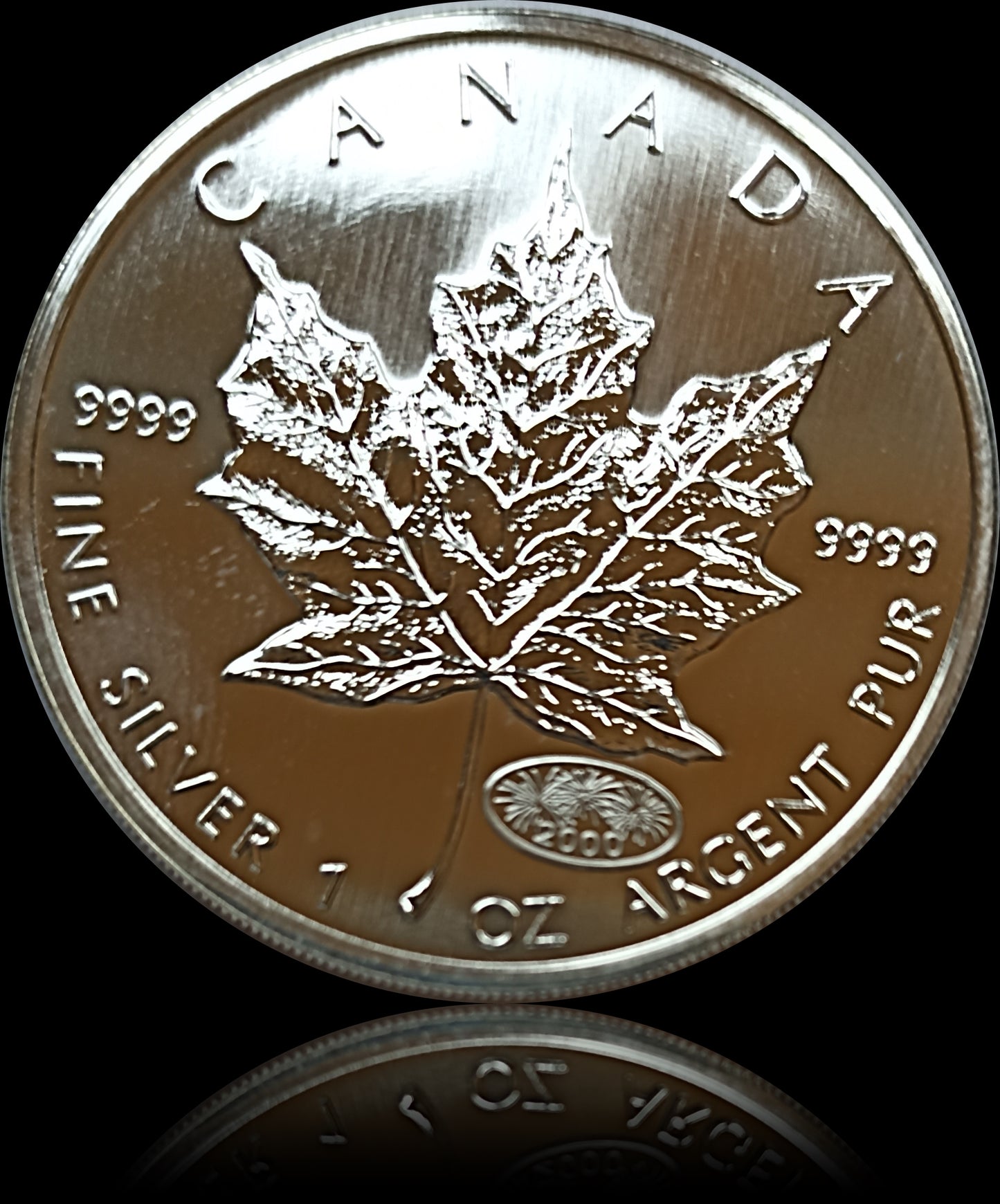 MAPLE LEAF WITH SPECIAL CHARACTERS FIREWORKS, Canada 1 oz silver $5, 2000