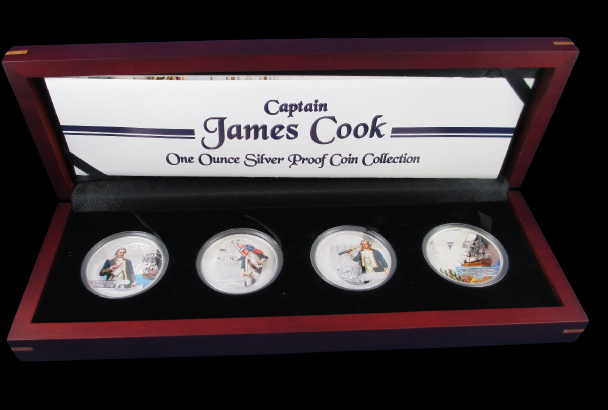 CAPTAIN COOK SILVER PROOF COIN COLLECTION, 4 x 1 oz Silver 1$, Proof, 2009