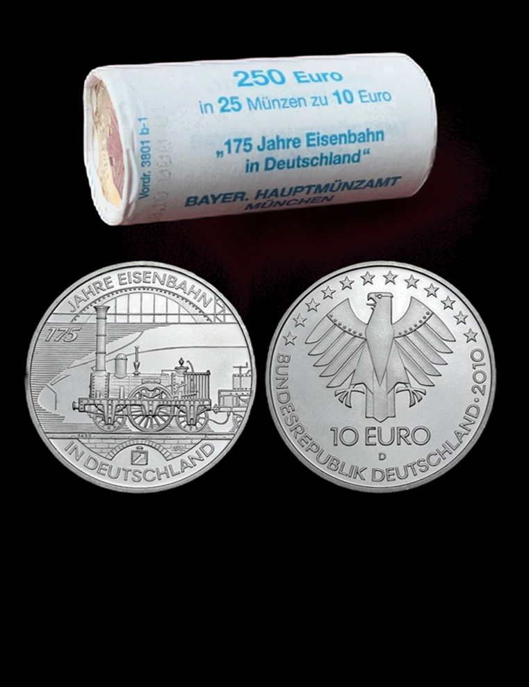 Rolle mit 25 x 175 JAHRE EISENBAHN IN DEUTSCHLAND, Serie 10 € Silber Gedenkmünzen Deutschland, Stempelglanz, 2010
