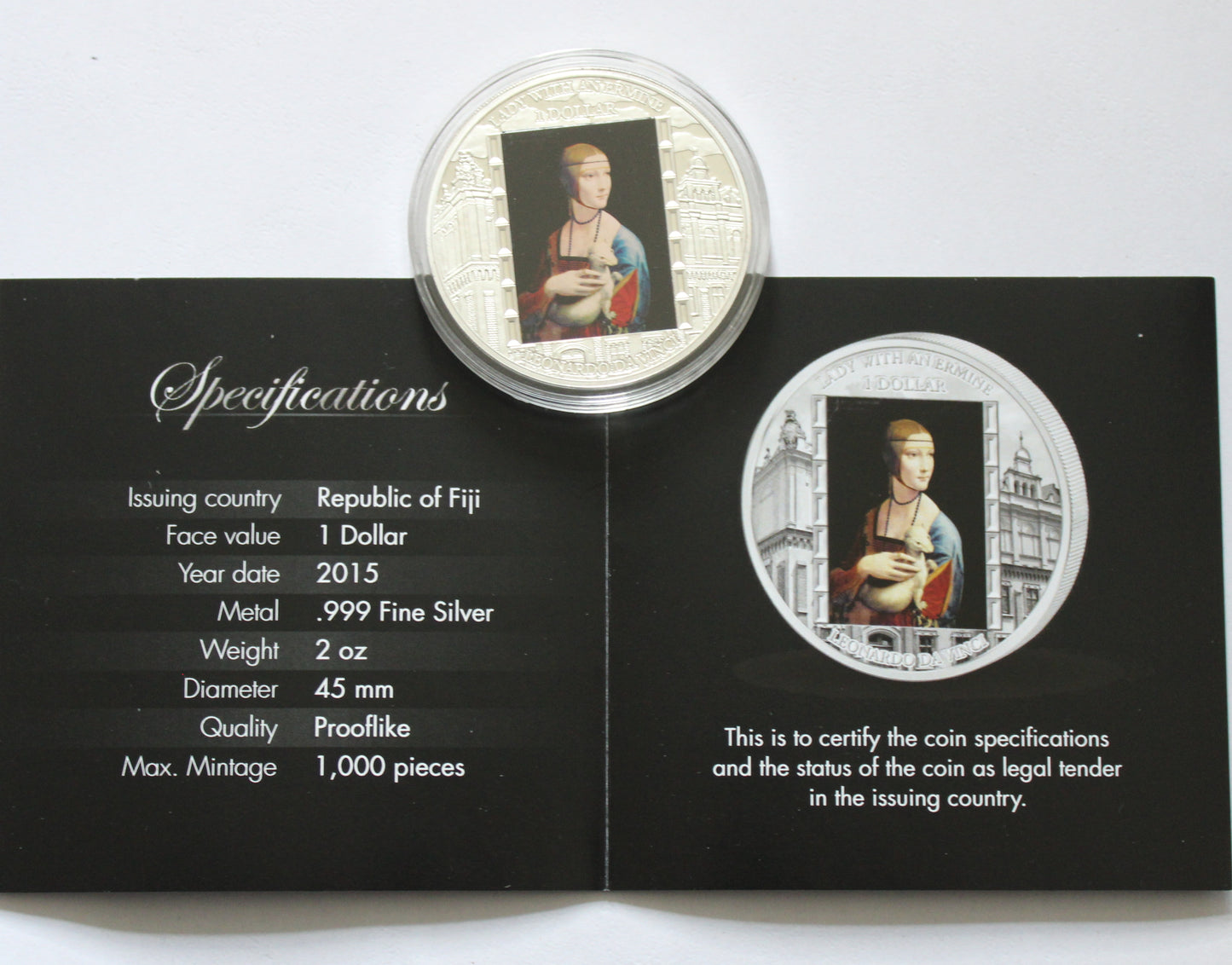 DAME MIT HERMELIN, LEONARDO DA VINCI, 2 oz Silber Proof Colored