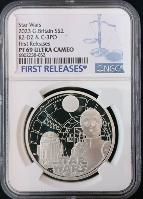 R2-D2 und C-3PO , Serie Star Wars Character Duos, 2£, 1 oz Silver PF 69, 2023