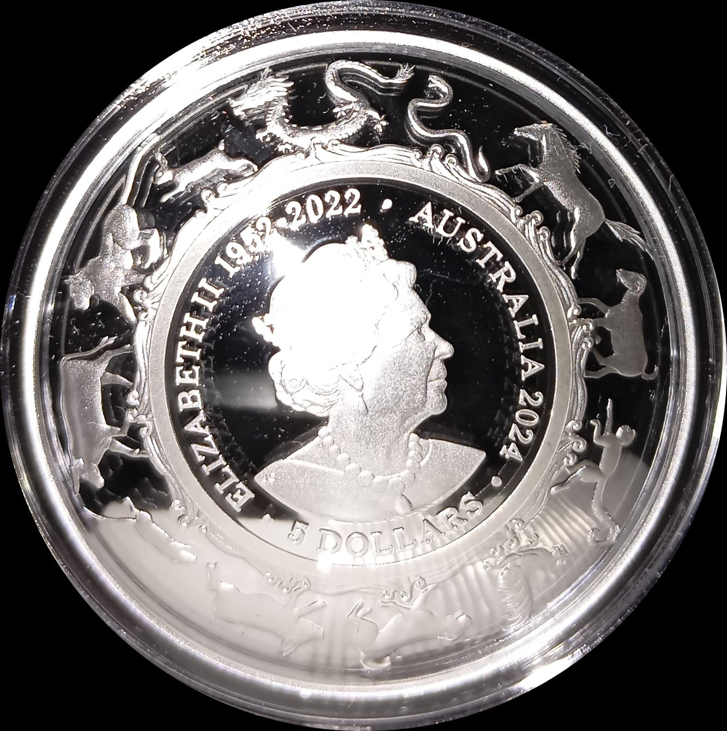 YEAR OF THE DRAGON, Serie Lunar II RAM,  1 oz Silver 5$, Proof Domed 2024