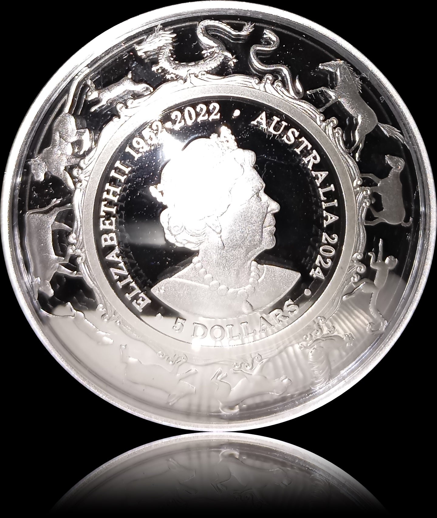 YEAR OF THE DRAGON, Serie Lunar II RAM,  1 oz Silver 5$, Proof Domed 2024