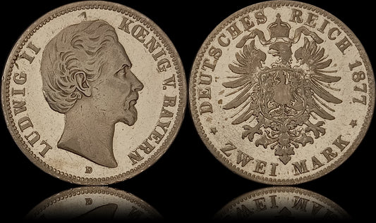 2 Mark Bayern 1877 D Silber, König Ludwig II, Deutsches Kaiserreich, Jaeger-Nr. 41