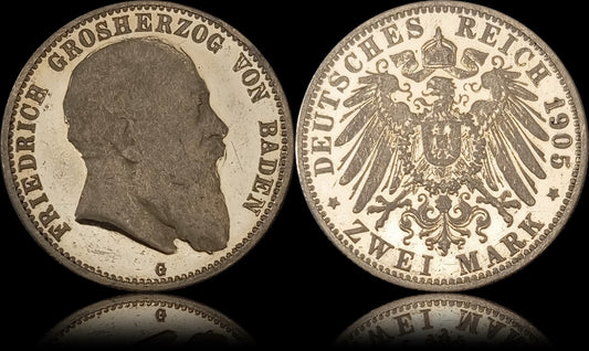 2 Mark Baden 1905 G, Silber, Friedrich Grossherzog von Baden, Deutsches Kaiserreich, Jaeger-Nr. 32