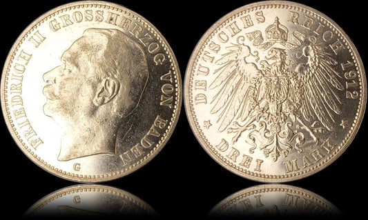 3 Mark Baden 1912 G, Silber, Friedrich Grossherzog von Baden, Deutsches Kaiserreich, Jaeger-Nr. 39