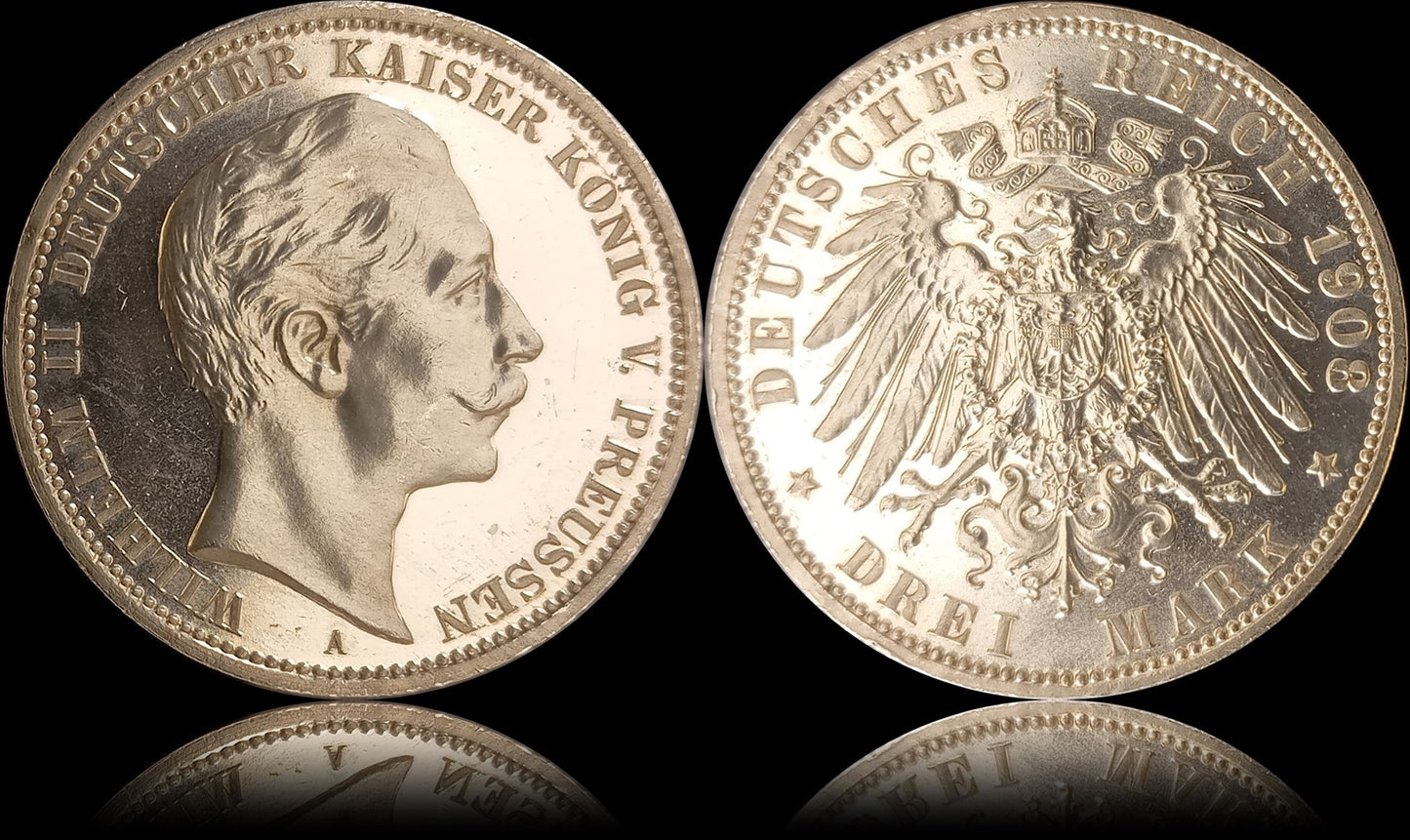 3 Mark Preußen 1908 A Silber, Kaiser Wilhelm II. Deutsches Kaiserreich, Jaeger-Nr. 103