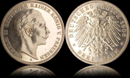 3 Mark Preußen 1908 A Silber, Kaiser Wilhelm II. Deutsches Kaiserreich, Jaeger-Nr. 103