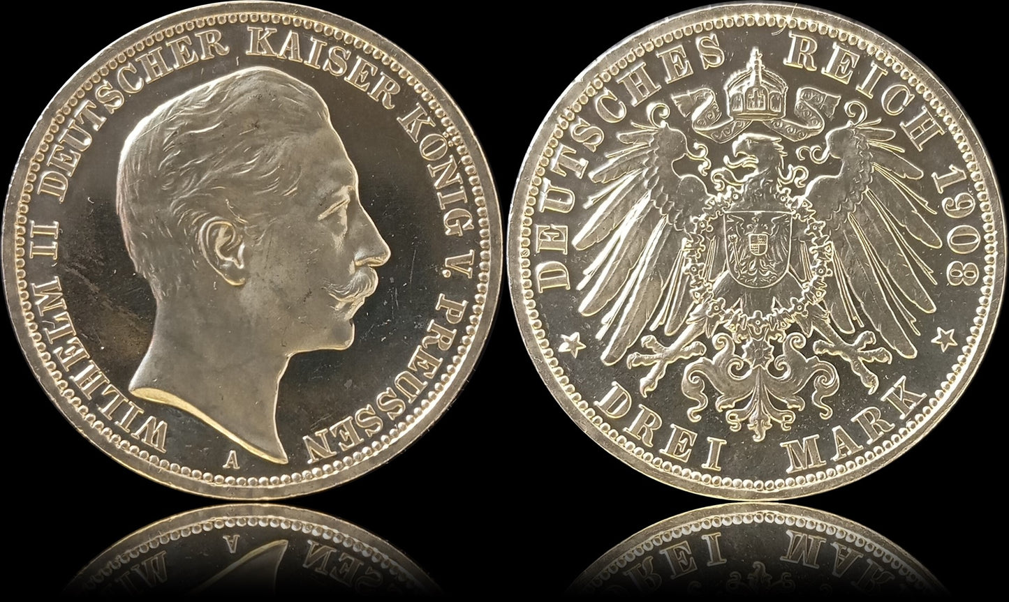 3 Mark Preußen 1908 A Silber, Kaiser Wilhelm II. Deutsches Kaiserreich, Jaeger-Nr. 103