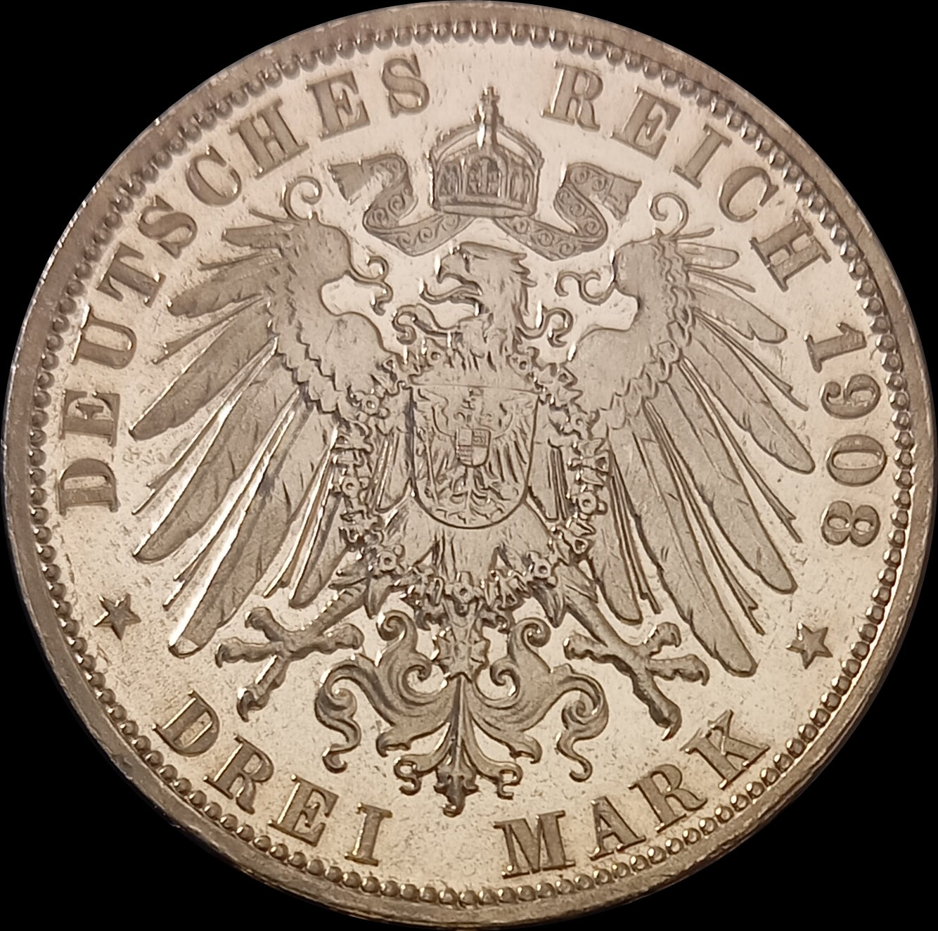 3 Mark Preußen 1908 A Silber, Kaiser Wilhelm II. Deutsches Kaiserreich, Jaeger-Nr. 103