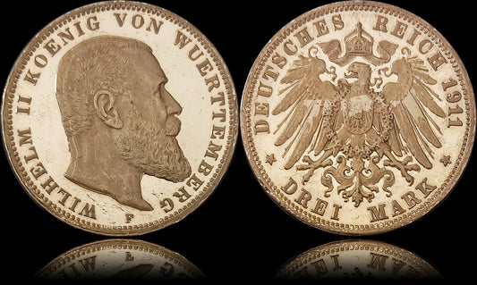 3 Mark Württemberg 1911 E Silber, König Wilhelm II. Deutsches Kaiserreich, Jaeger-Nr. 175