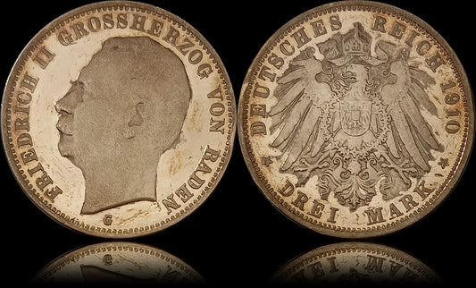 3 Mark Baden 1910 G, Silber, Friedrich Grossherzog von Baden, Deutsches Kaiserreich, Jaeger-Nr. 39