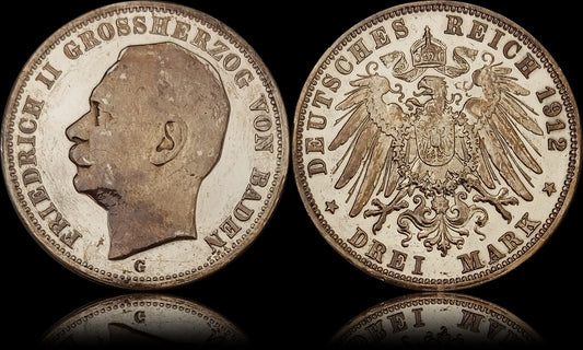 3 Mark Baden 1912 G, Silber, Friedrich Grossherzog von Baden, Deutsches Kaiserreich, Jaeger-Nr. 39