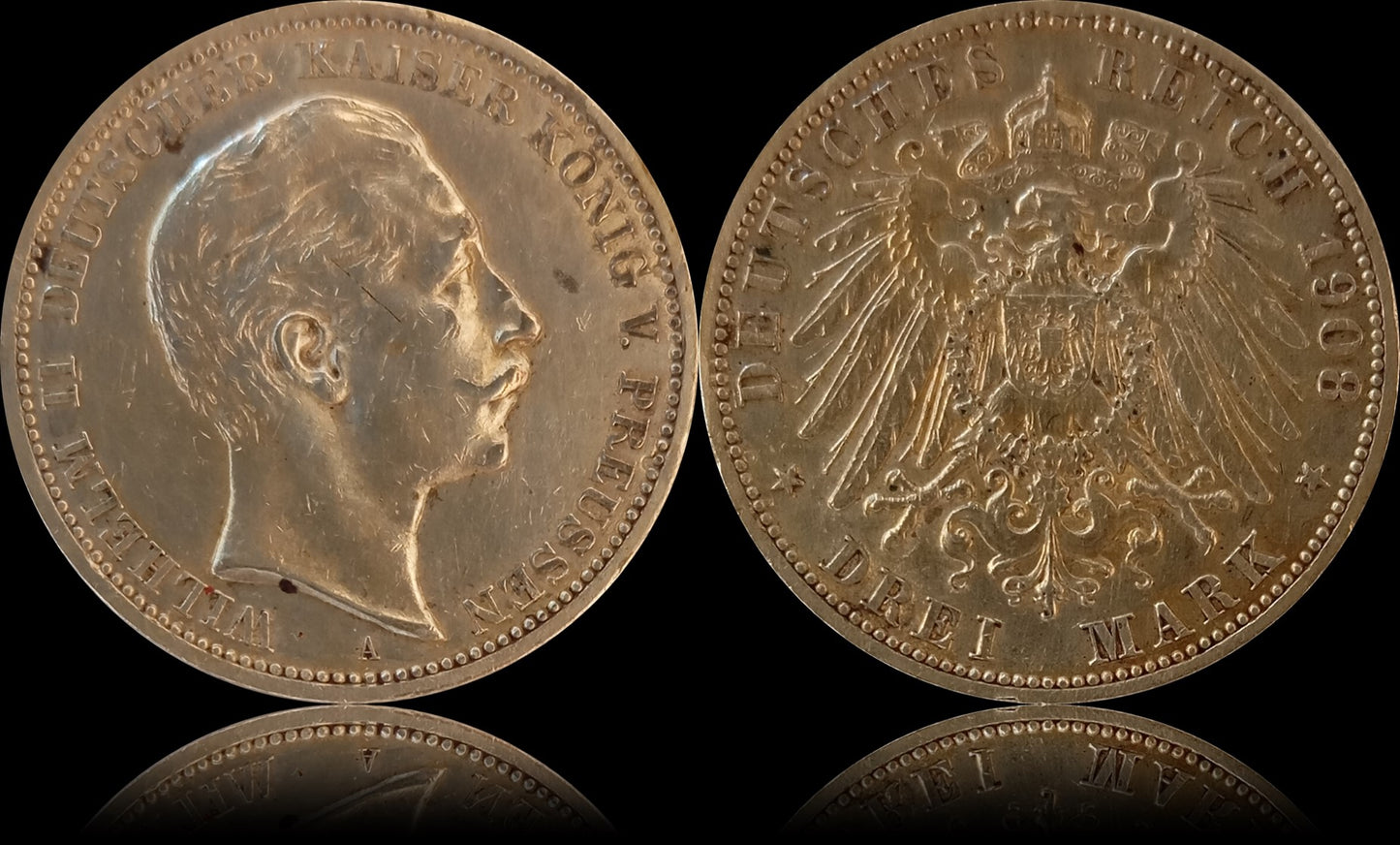 3 Mark Preußen 1908 A Silber, Kaiser Wilhelm II. Deutsches Kaiserreich, Jaeger-Nr. 103