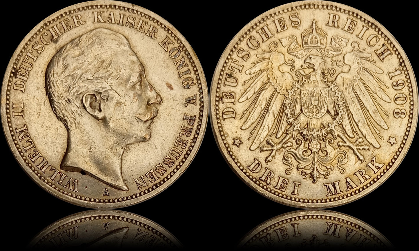 3 Mark Preußen 1908 A Silber, Kaiser Wilhelm II. Deutsches Kaiserreich, Jaeger-Nr. 103