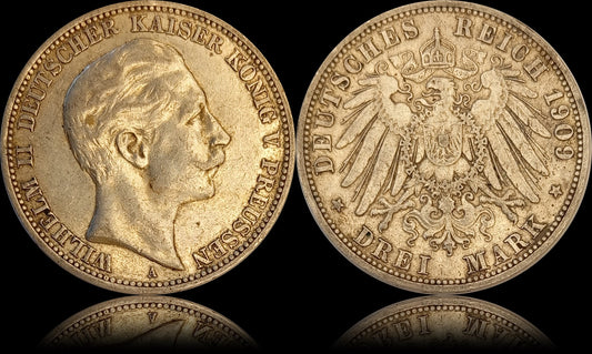 3 Mark Preußen 1909 A Silber, Kaiser Wilhelm II. Deutsches Kaiserreich, Jaeger-Nr. 103