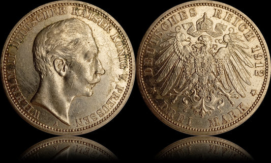 3 Mark Preußen 1912 A Silber, Kaiser Wilhelm II. Deutsches Kaiserreich, Jaeger-Nr. 103