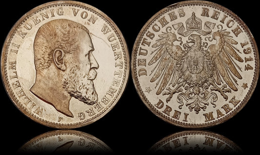 3 Mark Württemberg 1914 E Silber, König Wilhelm II. Deutsches Kaiserreich, Jaeger-Nr. 175