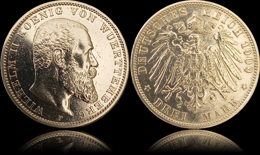 3 Mark Württemberg 1909 E Silber, König Wilhelm II. Deutsches Kaiserreich, Jaeger-Nr. 175