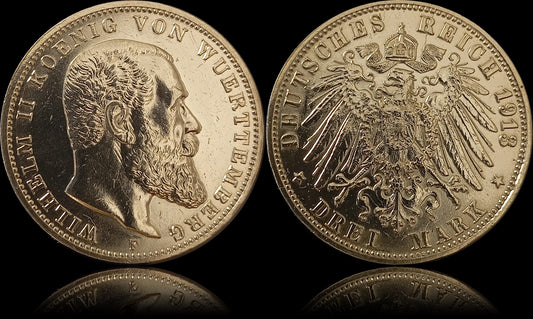 3 Mark Württemberg 1913 E Silber, König Wilhelm II. Deutsches Kaiserreich, Jaeger-Nr. 175