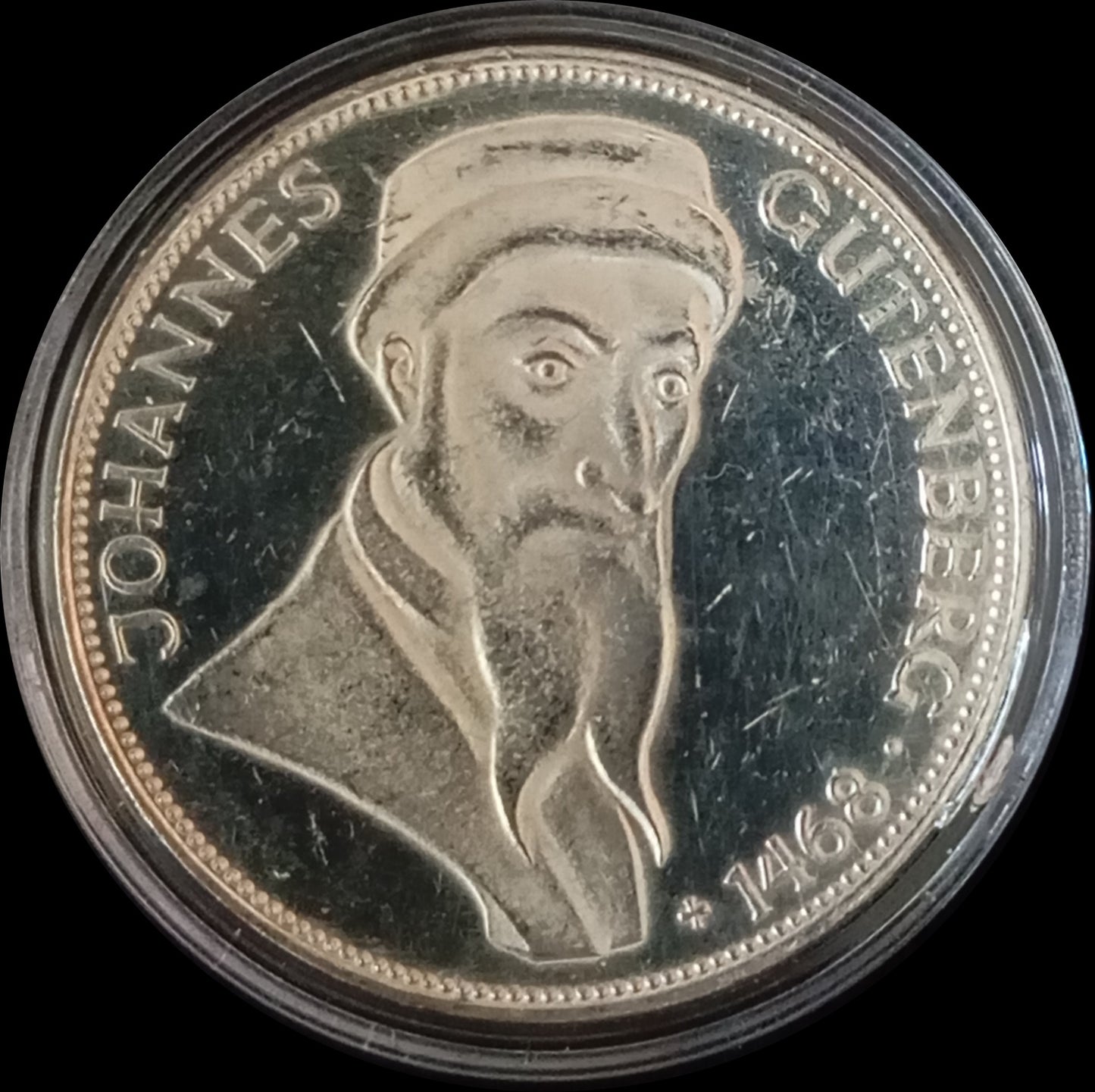 500TH ANNIVERSARY OF THE DEATH OF JOHANNES GUTENBERG, series 5 DM silver coin, 1968