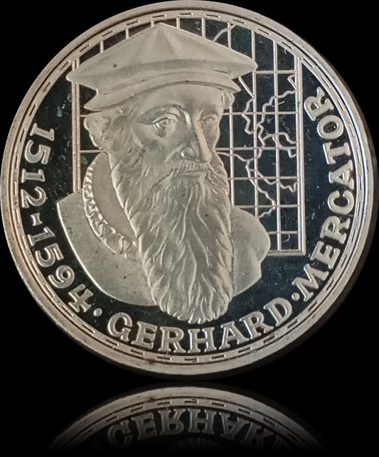 375TH DEATH ANNIVERSARY OF GERHARD MERCATOR, series 5 DM silver coin, 1975