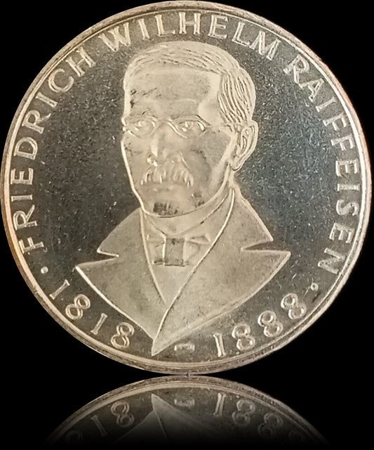 150TH BIRTHDAY OF FRIEDRICH WILHELM RAIFFEISEN, series 5 DM silver coin, 1968