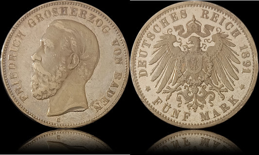 5 Mark Baden 1891 G, Silber, Friedrich Grossherzog von Baden, Deutsches Kaiserreich, Jaeger-Nr. 29