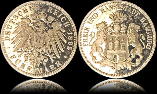 5 Mark Hamburg 1895 J Silber, Wappen mit Schildhaltern, Deutsches Kaiserreich, Jaeger-Nr. 65