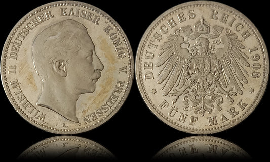 5 Mark Preußen 1908 A Silber, Kaiser Wilhelm II. Deutsches Kaiserreich, Jaeger-Nr. 104