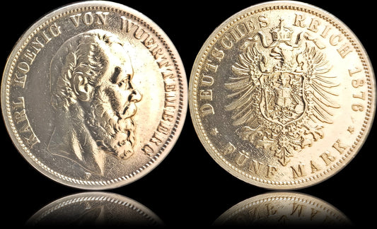 5 Mark Württemberg 1876 F Silber, Kaiser Karl, Deutsches Kaiserreich, Jaeger-Nr. 173