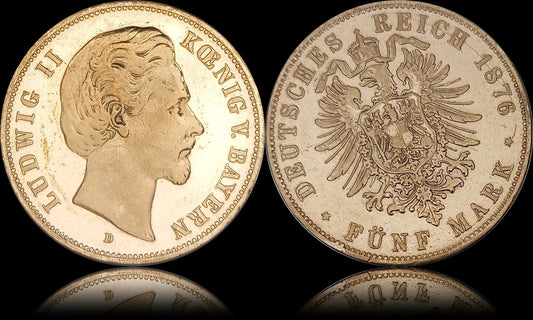 5 Mark Bayern 1876 D Silber, König Ludwig II, Deutsches Kaiserreich, Jaeger-Nr. 42 Fehlprägung