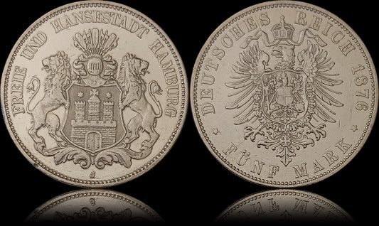 5 Mark Hamburg 1876 F Silber,Stadtwappen, Deutsches Kaiserreich, Jaeger-Nr. 62