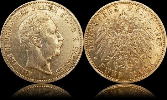 5 Mark Preußen 1907 A Silber, Kaiser Wilhelm II. Deutsches Kaiserreich, Jaeger-Nr. 104